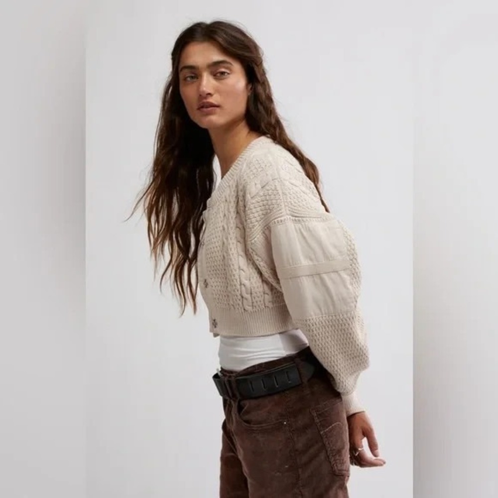 NEW Free People We the Free‎ Heritage Cardigan Cable  Sz XL Crystal Gray Relaxed